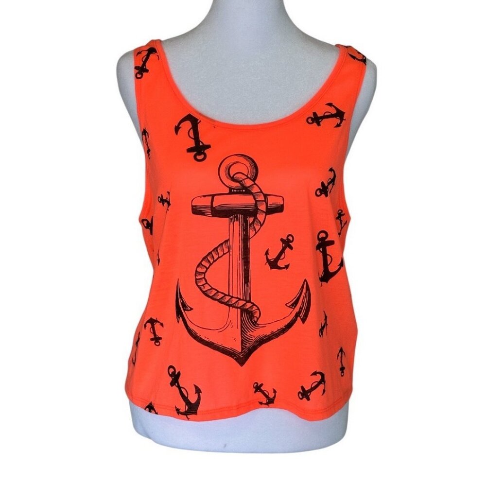 IJOAH Womens Orange Strap Back Tank Top Nautical Anchor Sz Med Summer Beachwear